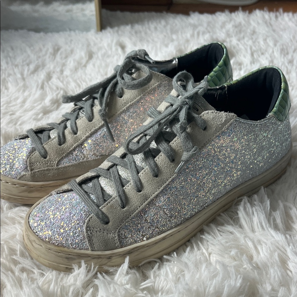 P448 Sparkle White Sneakers with Green Crocodile Accents, size 38